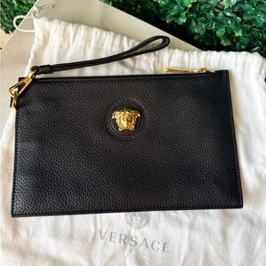 Versace Black Leather Wristlet with Gold Medusa